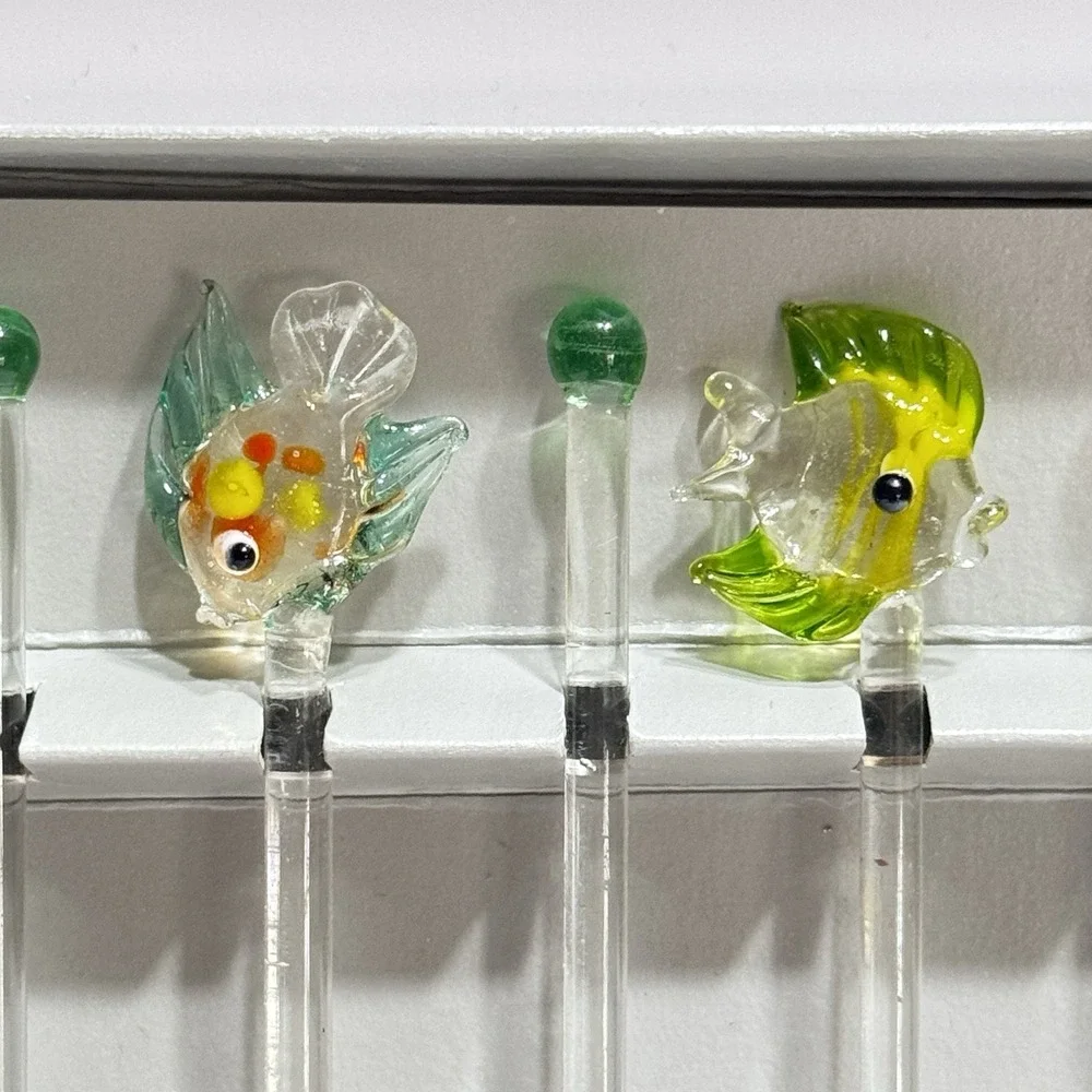 Fish Ocean WORLD MARKET glass stir sticks  set of 6 Beach Vacation Fun Whimsical
